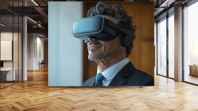 Focused Businessman Immersed in a Virtual Reality Experience with VR Headset Wall mural