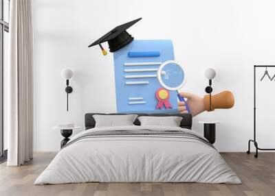 hand hold magnifying glass, mortarboard hat and diploma Wall mural