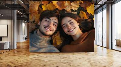 Happy Couple Relaxing in Autumn Park, Celebrating Love and Romance in the Fall Season Wall mural