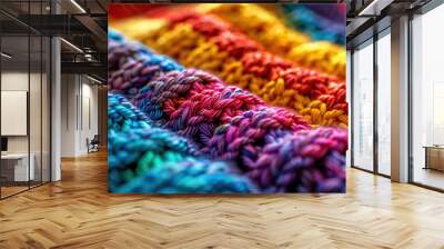 Rainbow Reverie Detailed View of a Handmade Knit Sweater with Vibrant Colors Wall mural