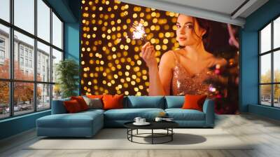 Girl in dress posing with sparklers Wall mural