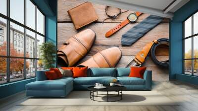 accessories for mens lay on the wooden floor Wall mural