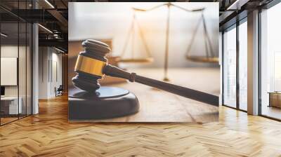 Law theme, mallet of the judge, law enforcement officers, evidence-based cases and documents taken into account.. Wall mural