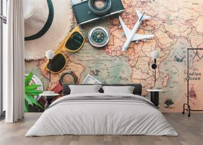 Tourism planning and equipment needed for the trip on map Wall mural