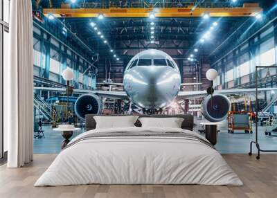 A modern aerospace manufacturing facility with aircraft parts and assembly line Wall mural