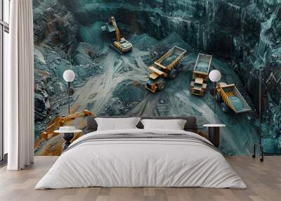 A modern mining operation with heavy machinery and mining trucks Wall mural