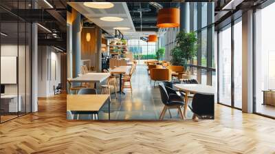 A modern office cafeteria with sustainable food options and recycling stations Wall mural