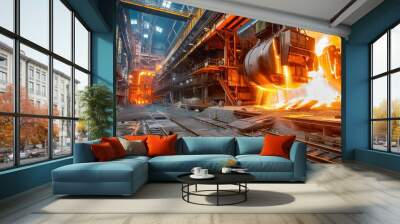 a modern steel mill with glowing furnaces and molten metal, showcasing the steel industry's power an Wall mural