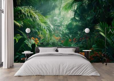 A tropical rainforest with vibrant green foliage and exotic flowers Wall mural