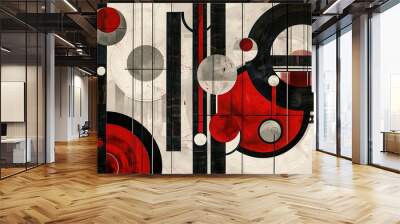 abstract art deco composition with circles and lines in red, black grey white and silver Wall mural