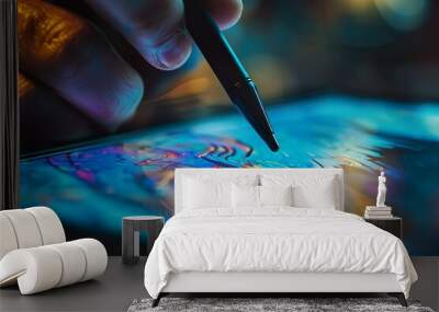 close-up of a digital tablet with a stylus, highlighting digital art creation or graphic design. Wall mural