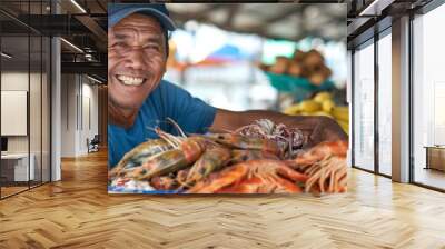 Close-up of a smiling vendor offering samples of fresh seafood and vegetables Wall mural