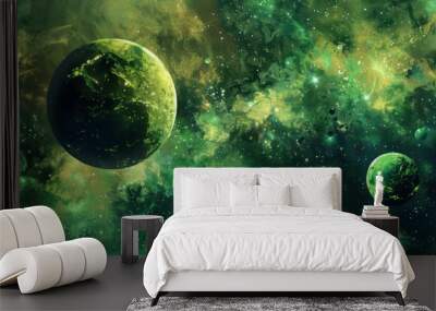 Green galaxy planets, cosmos art background Wall mural