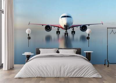 Airplane on runway at sunset. Passenger aircraft, commercial airline. Wall mural