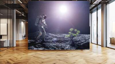 Astronaut exploring an alien planet. Green plant growing Wall mural