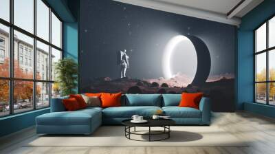 Astronaut on foreign planet in front of spacetime portal light Wall mural