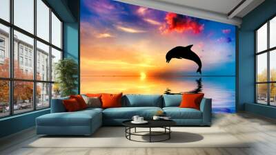 Beautiful ocean and sunset, dolphin jumping Wall mural