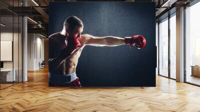 Boxer striking a blow in the rain. Wall mural