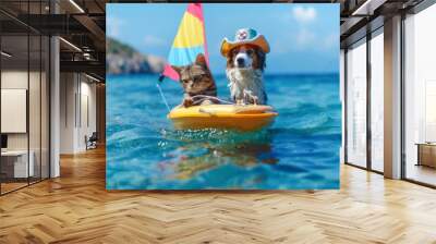 Cat and dog in captain hats on a boat with a sunny seascape Wall mural