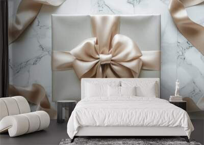 Chic gift box with cream ribbon on marble background Wall mural