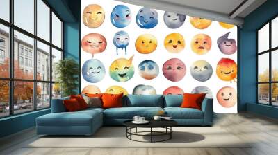 Collection of emoticons, smiley faces painted with watercolor. Set isolated on transparent white background Wall mural