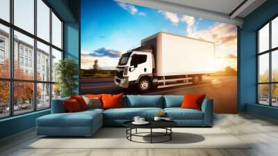 Commercial cargo delivery truck with blank white trailer driving on highway. Wall mural