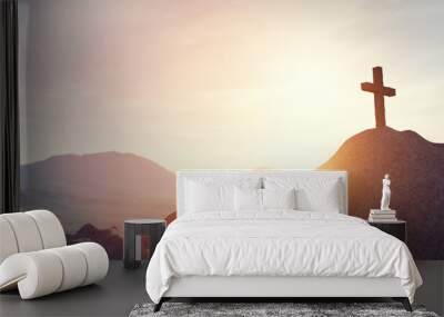 cross on mountain peak at sunset christian religion Wall mural