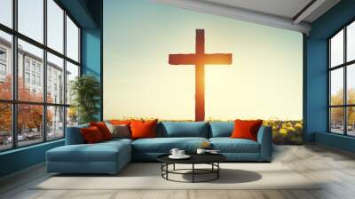 Cross on spring meadow religion and faith Wall mural