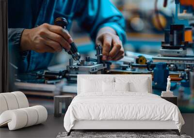 Detailed view of a mechanical assembly process on a worktable Wall mural