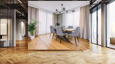 Dining room with wooden table and floor in modern apartment. Wall mural