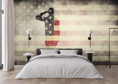 Double exposure of saluting soldier on USA grunge flag. Patriotic design Wall mural