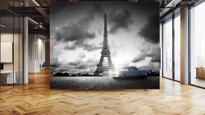 Effel Tower, Paris, France and retro car. Black and white Wall mural