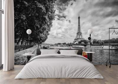 Eiffel Tower over Seine river in Paris, France. Vintage Wall mural