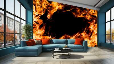 Fire flames on black background, frame, border. Wall mural