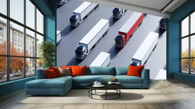 Fleet of new heavy trucks with one selected. Transportation Wall mural