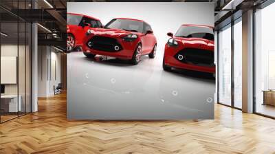 Fleet of red small city cars on light background. Wall mural