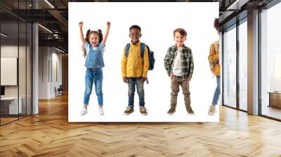 Group of happy children with backpacks isolated on white background Wall mural