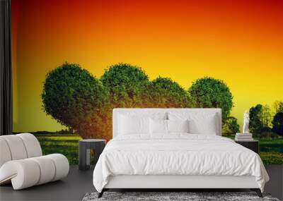 Heart shape trees couple on green field at sunset. Love Wall mural