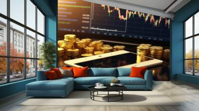 Investment analysis with tablet and stack of coins on market data Wall mural