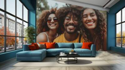 Joyful trio of friends taking a close-up selfie outdoors Wall mural