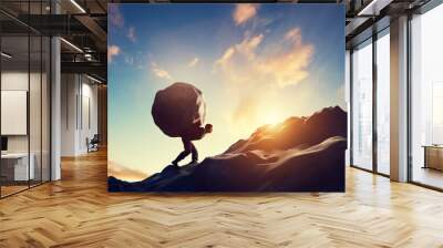 Man carrying haeavy stone, boulder uphill. Wall mural