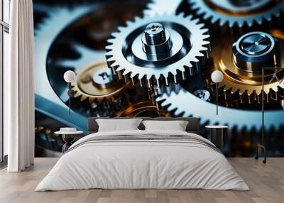 Mechanism with cogwheel and gears working. Industrial close-up Wall mural