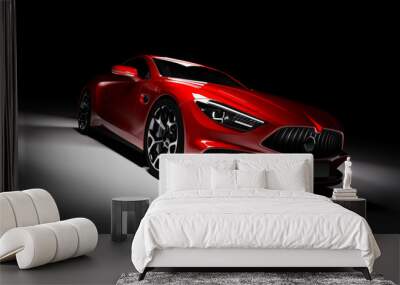 Modern red sports car in a spotlight on a black background. Wall mural