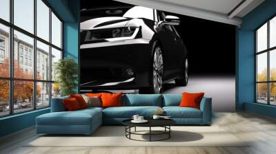 New black metallic sedan car in spotlight. Modern desing, brandless. Wall mural