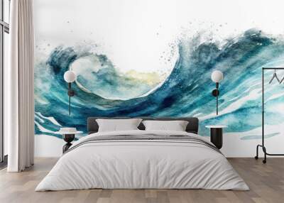 Ocean wave painted in watercolor, isolated on transparent white background Wall mural