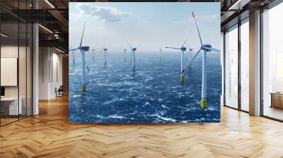 Offshore wind power and energy farm with many wind turbines on the ocean Wall mural