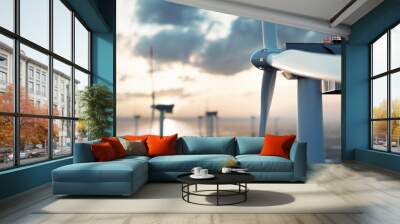 Offshore wind power and energy farm with many wind turbines on the ocean Wall mural