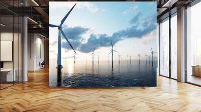 Offshore wind turbines farm on the ocean. Sustainable energy Wall mural