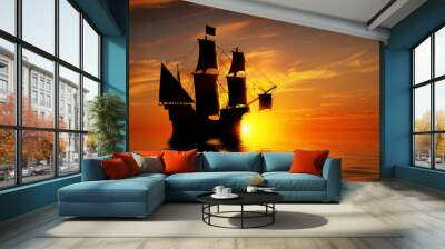 Old ancient pirate ship on peaceful ocean at sunset. Wall mural