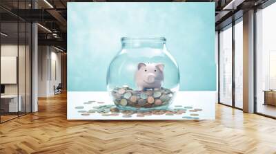 Piggy bank in clear bowl with coins on icy blue background Wall mural